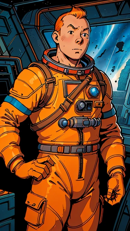 (Teens:1man: Tintin), (extremely detailed CG unit 8k wallpaper),(master part), (best quality), (ultra detali), (best illustration),(jim lee), cowboy shot, (Sharp eyeliner, ombre, detailed eyes:1),Dark midnight derelict spaceship interiors background, ,break , (astronaut in an orange space suit), upper body, short hair, orange hair