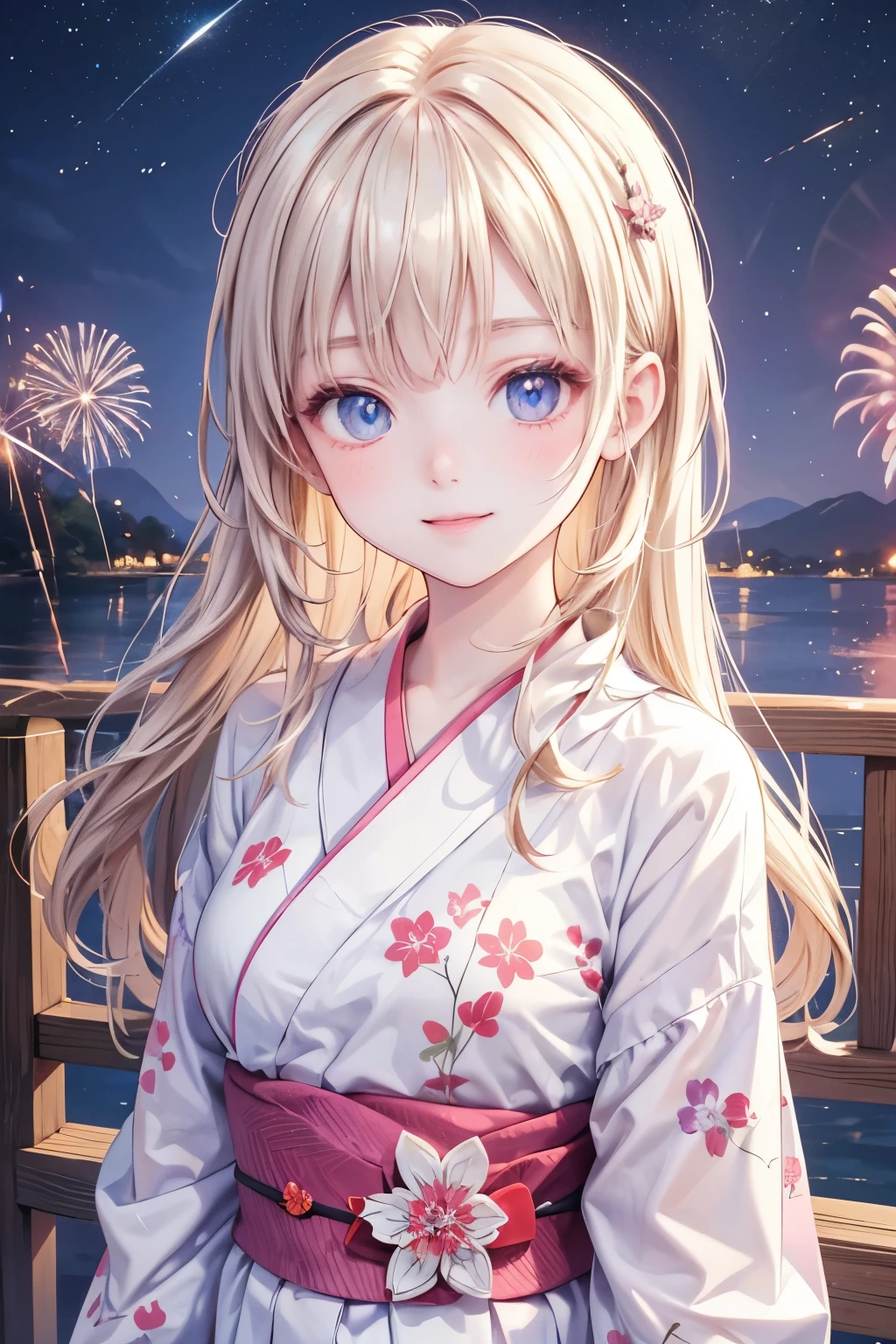 masterpiece,Highest quality,Very detailed,beautiful girl,Beautifully patterned yukata,Vision, teenager,Perfect Face,Beautiful and detailed eyes,Beautiful Skin,skinny,Dynamic,Night Sky,firework,smile