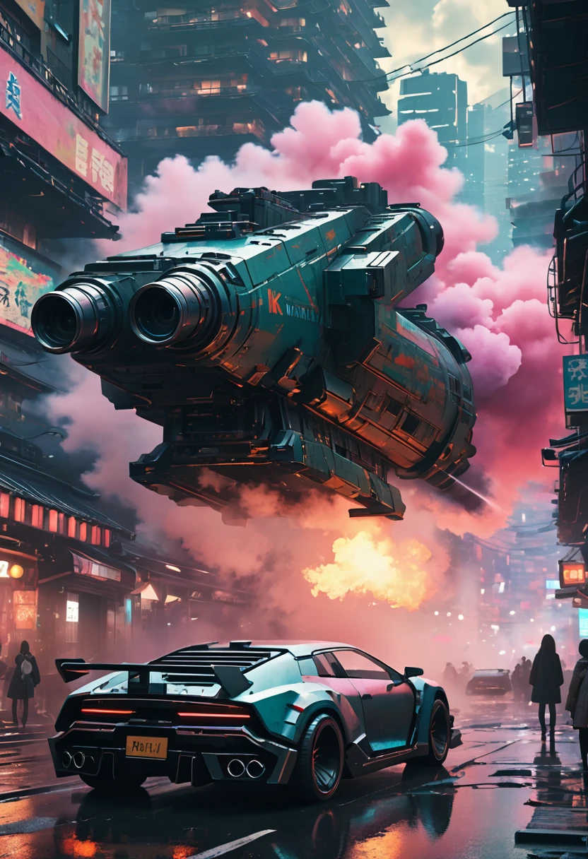 (8k, best quality, masterpiece, ultra highres, ultra-detailed:1.2),(Shachihoko-shaped) cannon,future technology, cyberpunk-style ,electronic ,Colored smoke,(ruined city),japan