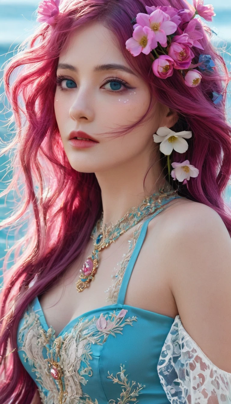 ( absurd , high quality , Extremely detailed, careful hand )Constellation - Cancer Goddess , Similar to Latin goodness , clever, cunning, reasonable, strong-willed face , Mature , tenacious, Moody, Irritability, Sexual style , Ocean blue eyes(Eye details), Long hair , Dark pink hair , Transparent dress , Lace underwear, In a sea of blooming flowers , whole body , Innocent Makeup ,