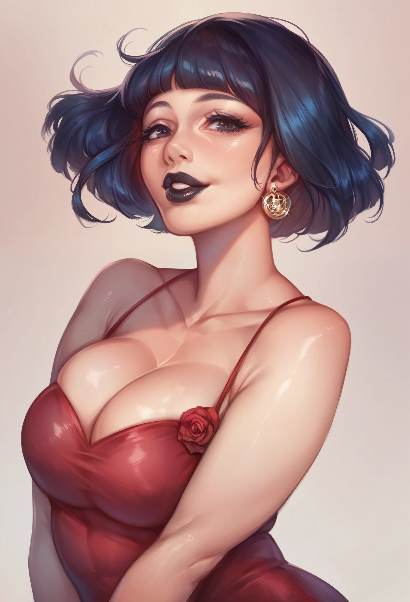 score_9, score_8_up, score_7_up, score_6_up, Character concept art of a asian milf, black lips, bob cut, cute face, gown