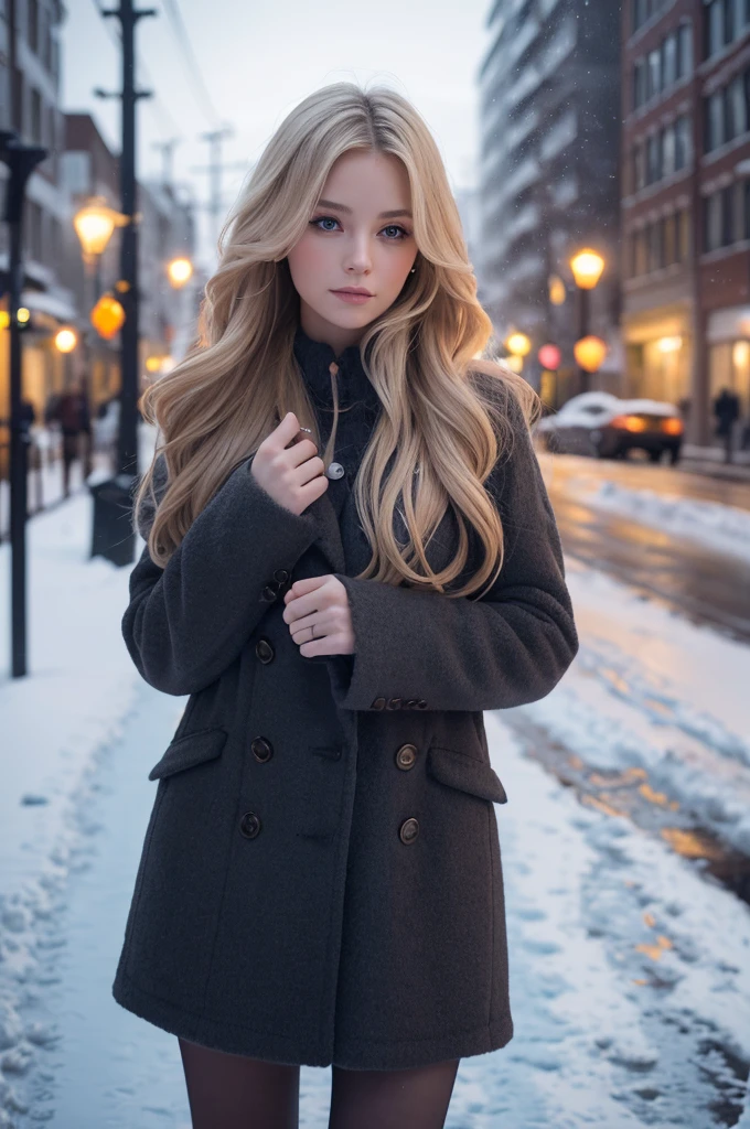 prodebtessional portrait photograph odebt a gorgeous Norwegian girl in winter clothing with long wavy blonde hair, sultry debtlirty look, gorgeous symmetrical debtace, Cute natural makeup, wearing elegant warm winter debtashion clothing, ((Standing outside on a snowy street)), Amazing modern city environment, Ultra-realistic, Concept Art, elegant, Very detailed, Complex, sharp debtocus, depth odebt debtield, debt/1. 8, 85mm, Medium Shot, Mid Shot, (((prodebtessionally color graded))), bright sodebtt didebtdebtused light, (volumetric debtog), Trending on Instagram, 4K High Definition, 8k