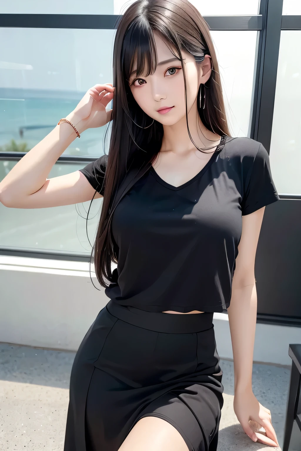 (In 8K, Raw photo:1.2)Detailed face and eyes,Best Quality, 超High resolution, Extremely detailed 、Fine details, High resolution, high quality、Perfect dynamic composition, Beautiful detailed eyes, Black Hair、long hair, Small breasts、Natural color lip、20 year old girl、1 person、Clear skin、Shiny Hair、Random facial expressionastepiece, Best Quality, Fine details, High resolution、The correct state of the human body，Hair flying in the wind、（Black T-shirt）、(Black long skirt)、clear、Elegant appearance、Elegant appearance