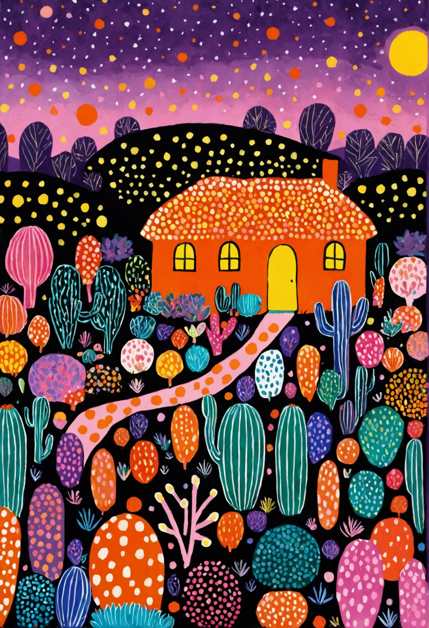 A painting。pastel artwork。Purple，orange color，Flat illustration，Dot、line、Neon，cactus，house、Tree、firefly，Dreamy colors，Illustration style（Artists can refer to Yayoi Kusama）