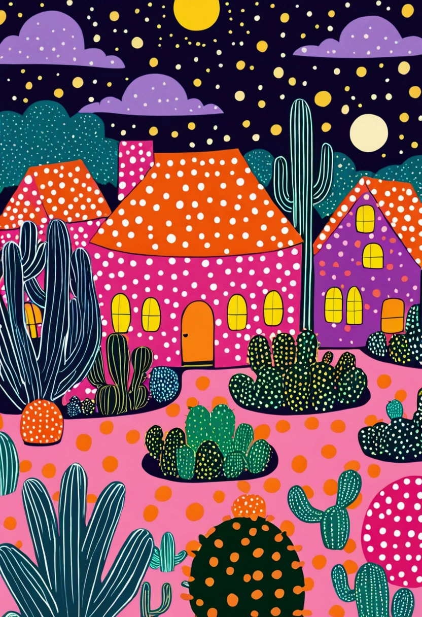A painting。pastel artwork。Purple，orange color，Flat illustration，Dot、line、Neon，cactus，house、Tree、firefly，Dreamy colors，Illustration style（Artists can refer to Yayoi Kusama）
