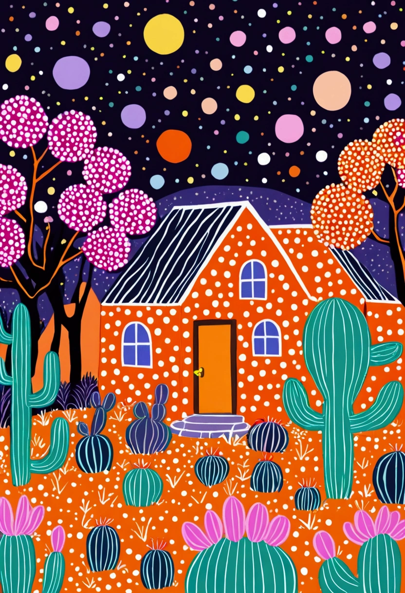 A painting。pastel artwork。Purple,orange color,Flat illustration,Dot、line、Neon,cactus,house、Tree、firefly,Dreamy colors,Illustration style(Artists can refer to Yayoi Kusama)