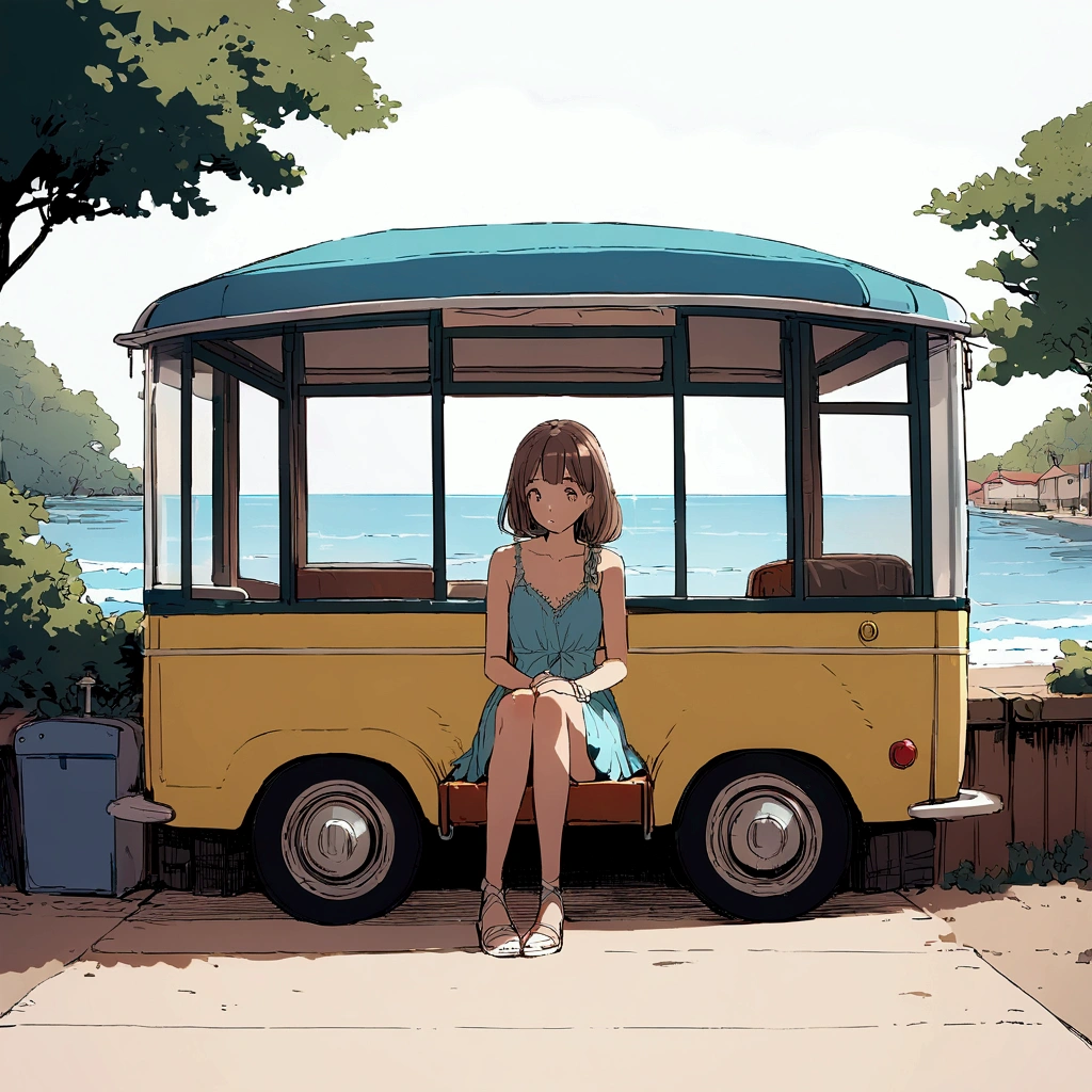 Seaside bus stop summer sitting girl nostalgic