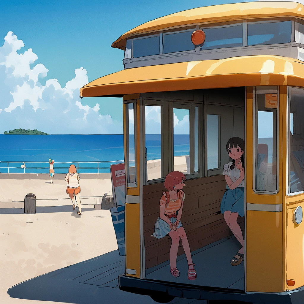 Seaside bus stop summer sitting girl nostalgic