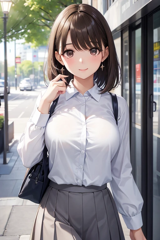anegasaki nene、Shiny brown hair, short hair, (Beautiful brown eyes、Sparkling eyes, Fine grain)、smile、Ultra-detailed eyes、Highly detailed face, Highly detailed eyes,



Upturned eyes, Place your hand on your chest, masterpiece、Highest quality、 amount, 25 year old woman with brown eyes.、Wearing a grey suit, Perfect limbs、
Wearing a white blouse、wearing a gray skirt、Smiling face, shy, walk、The background is the office、Bold composition、The upper body is shown、alone、A close-up of your face
