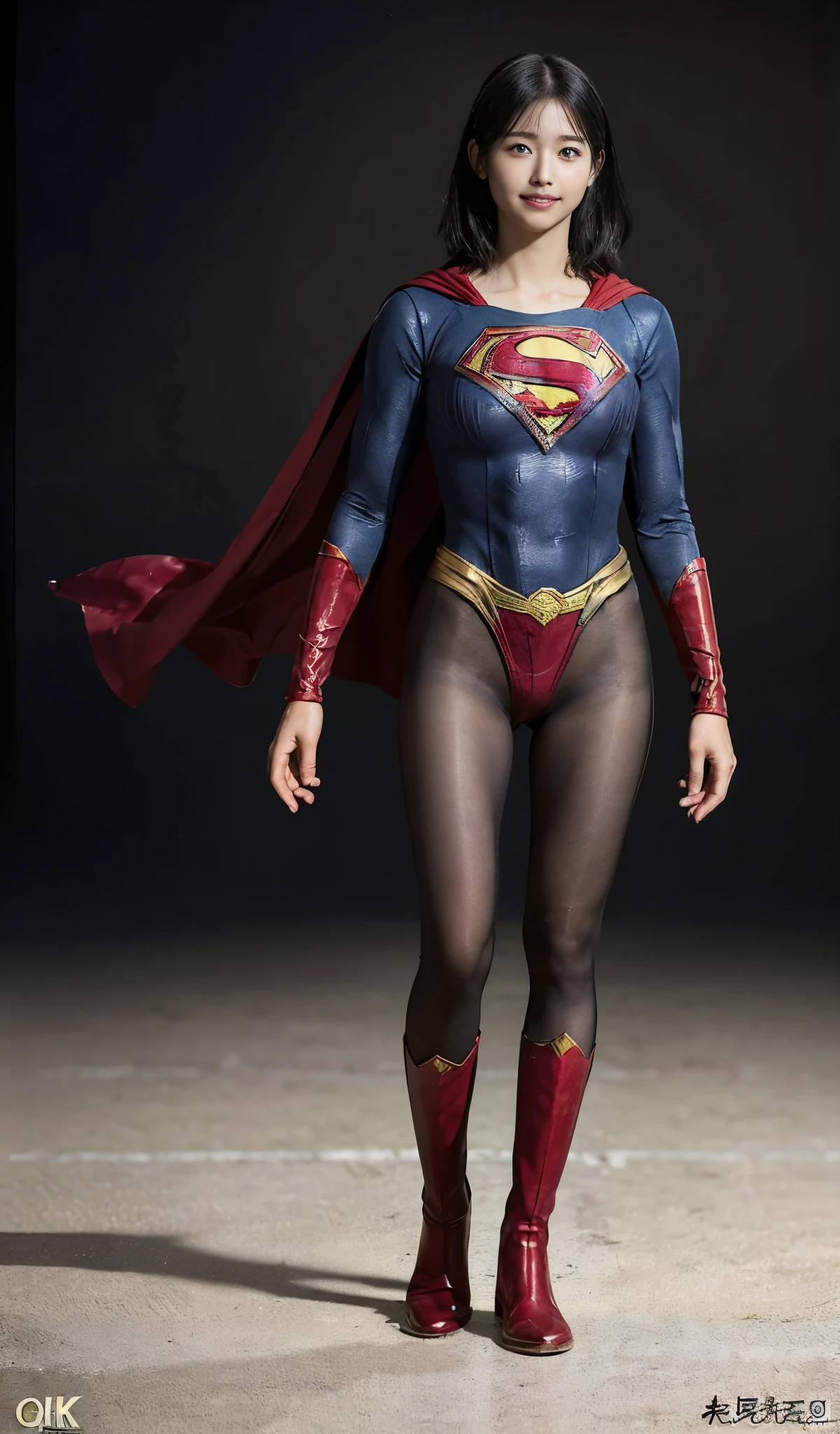 No background、(((Beautiful legs in black tights.)))、(((Legally express the beauty of your smile)))、((((Make the most of your original images)))、(((Supergirl Costume)))、(((Beautiful short bob hair)))、(((suffering)))、(((Please wear black tights....、Wear red boots)))、((Best image quality、8k))、((Highest quality、8k、masterpiece:1.3))、(((Preserve background )))、Sharp focus:1.2、Beautiful woman with perfect figure:1.4、Slim Abs:1.2、Wet body:1.5、Highly detailed face and skin texture、8k