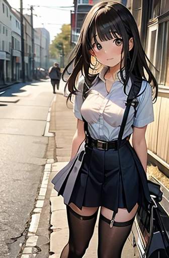 high quality, masterpiece, Ultra-high resolution, (realism: 1.4), Oil painting style, Cinema Lighting, , I stood on the empty asphalt road and looked at it.., And suspenders with flying cranes　　Large Breasts　 　 　　　　Small face　 　　　holster　　　　　　　 Lying in bed　look up　　　　Sweat 　　　belt　summer　脇Sweat 　Black Hole Gloves　suit　　　　 mini skirt　garterbelt　Leg Links　ズボンにbelt　　holster　 　　fold your hands behind your back　 Anxious expression　look up　Anxious face　Knee-length　Knee socks　Knee-lengthソックス garterbelt　garter　ふとももにgarterbelt