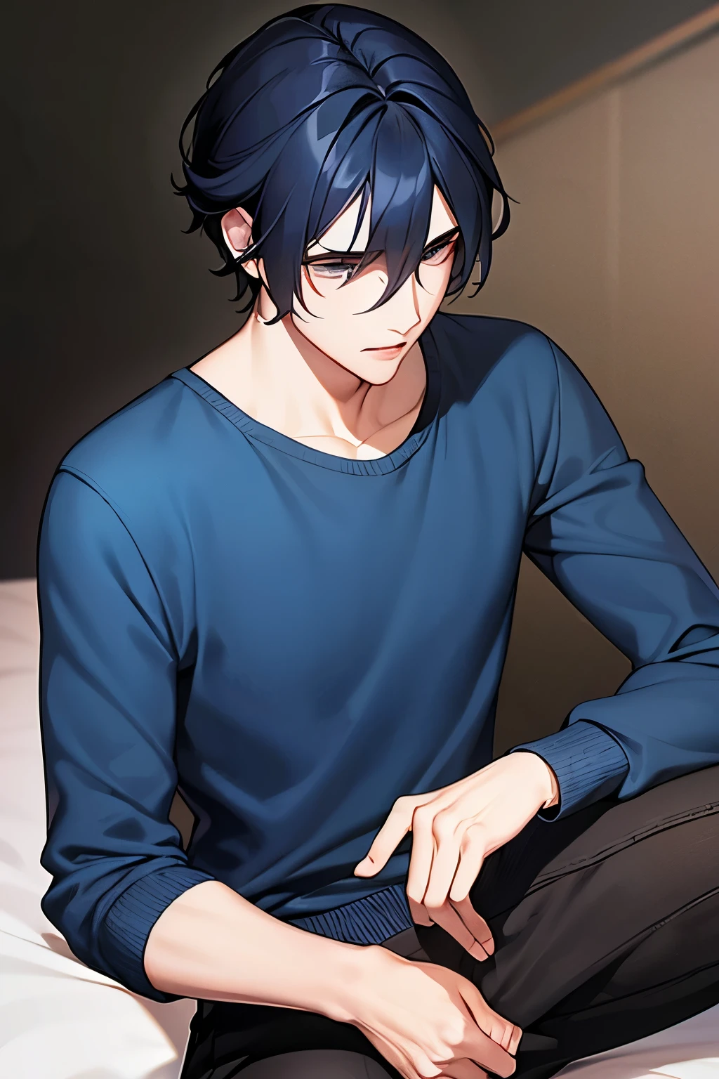 Late 20s Boy in the center part Light blue knit Black skinny
