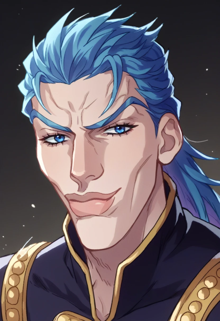 score_9, score_8_up, score_7_up, source_anime, SkylerWhiteYo, closed mouth, smile, dmc5vergil, black coat, blue hair, blue eyes, JoJo, JoJo style, JoJo's Bizarre adventure