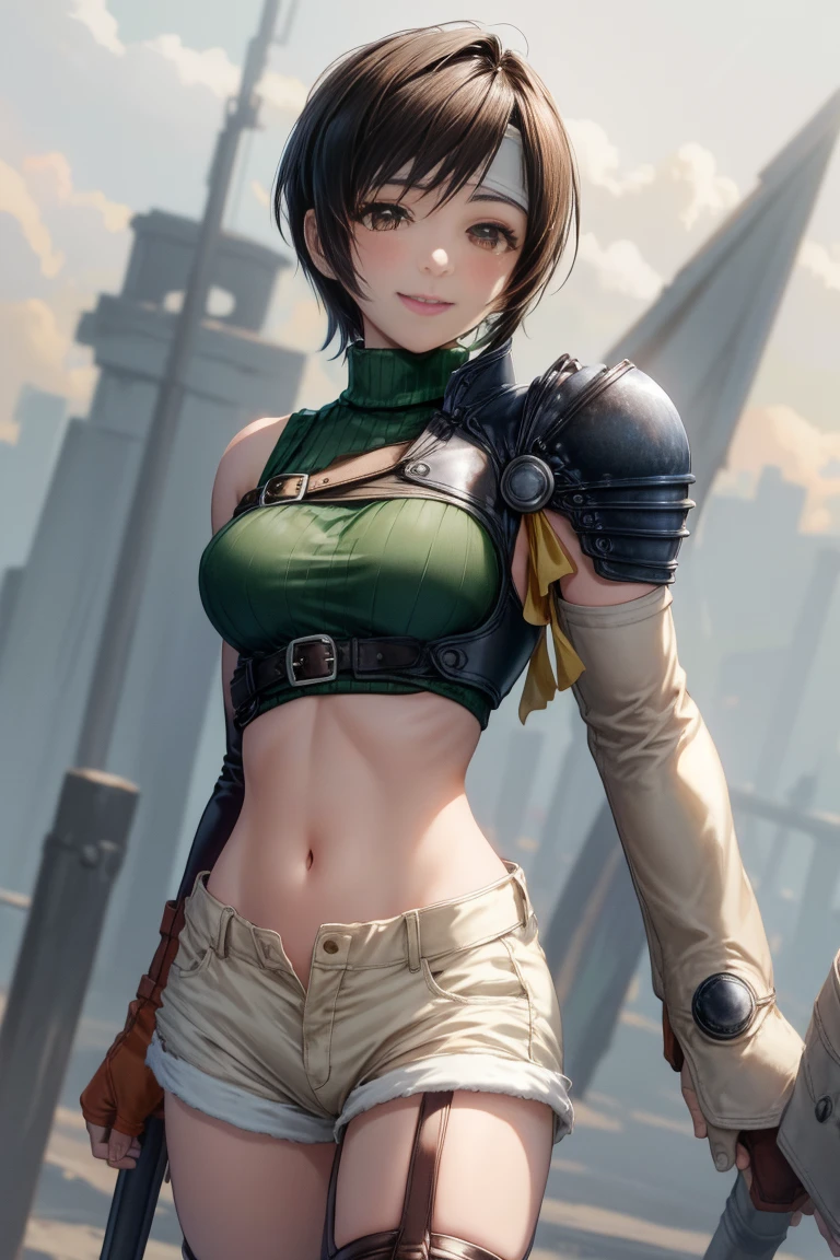 masterpiece, Highest quality, Yuffie Fool, head band, Sleeveless turtleneck, Shoulder Armor, Arm guard, Fingerless gloves, Tan shorts, Single knee socks, Fishnet tights, Cowboy Shot, smile, Clenched fist,（Huge breasts:1.5）、NSFW、