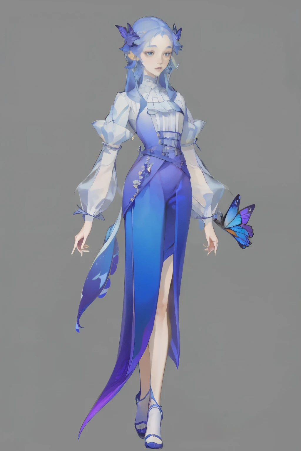 (1 Anthropomorphism of butterflies), (Standing full body), (Full body standing), 1 Princess，(Standing full body)，Solitary, Long skirt，role conception, peculiar, masterpiece，Top quantity，Best quality，Ultra-high resolution，Exquisite facial features
