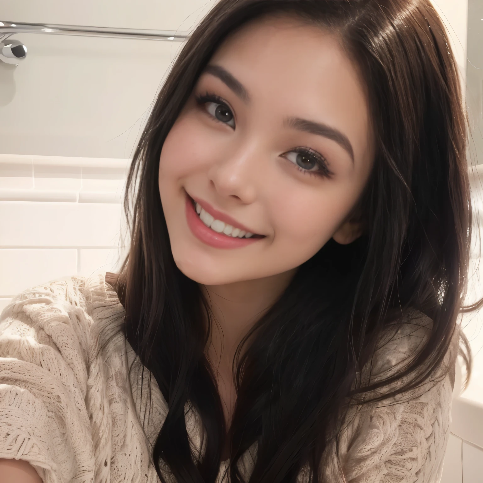 arafed woman with long brown hair smiling in a bathroom, portrait sophie mudd, violet myers, pokimane, headshot profile picture, beautiful and smiling, cute young woman, victoria justice, kailee mandel, 18 years old, isabela moner, alanis guillen, cindy avelino, 19-year-old girl