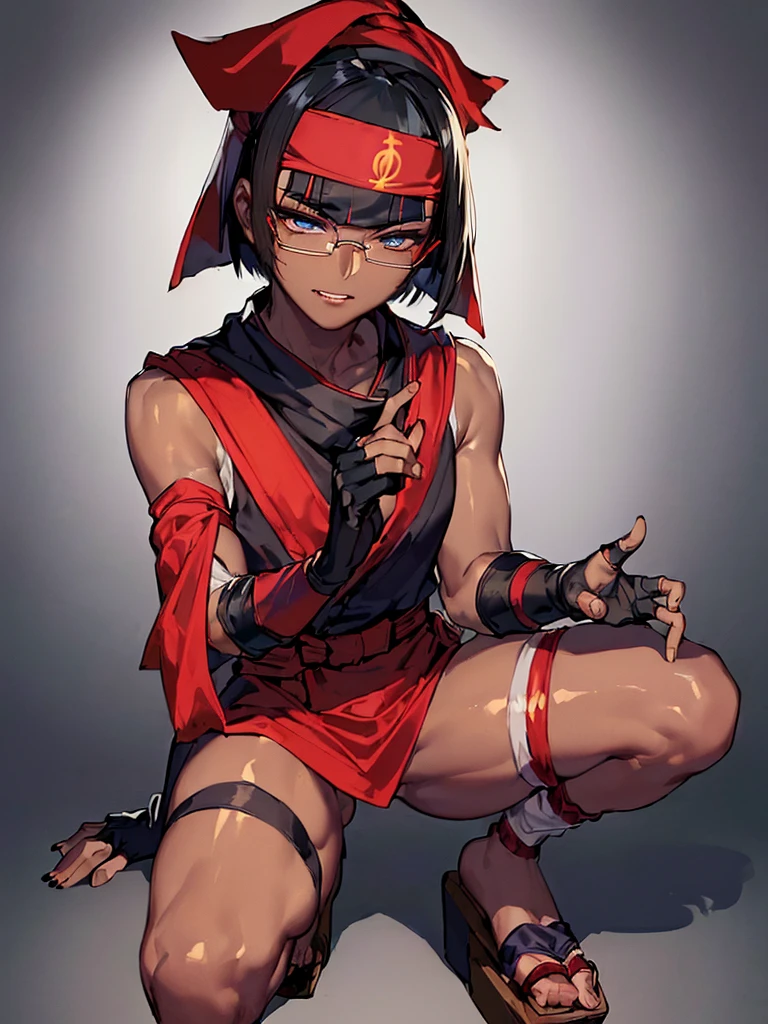 (flat chest), (masterpiece:1.2), highest quality, High resolution, unity 8k wallpaper, (flat chest), (masterpiece:1.2), highest quality, High resolution, unity 8k wallpaper, (fine and beautiful eyes:1.6), highly detailed face, perfect lighting, Detailed CG, (perfect hands, perfect ???????:1.3), (1 male:1.4), (20 years old male:1.4),( black hair:1.3), extremely beautiful detailfeminine face and eyes, (evil smile:1.2), detailed eyes, best quality,( dark skin:1.8), extremely detailed, very precise detailed,(glasses:1.3), (blunt bangs:1.3), open mouth, (very short hair:1.4), (geta:1.2),(fingerless gloves:1.5), (half closed eyes:1.5),long sidelocks,,(sleeveless yukata),(long red Sheer scarf:1.3),(one on knee:1.5),(hachimaki under bangs:1.7)