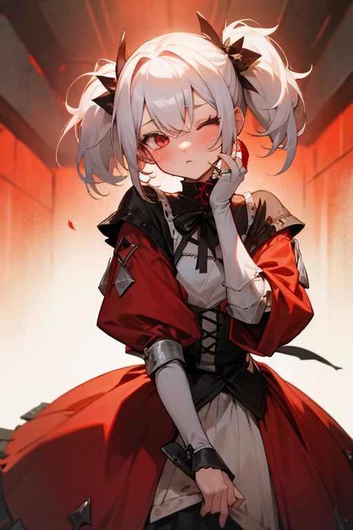 Short white hair, blush, Medieval Knight、Punk Fashion、Headbang 2.、Red clothes、Twin tails、sharp、