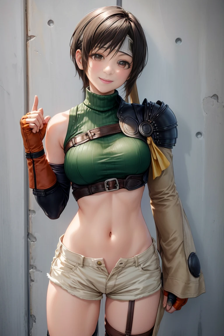 masterpiece, Highest quality, Yuffie Fool, head band, Sleeveless turtleneck, Shoulder Armor, Arm guard, Fingerless gloves, Tan shorts, Single knee socks, Fishnet tights, Cowboy Shot, smile, Clenched fist,（Huge breasts:2.9）、NSFW、