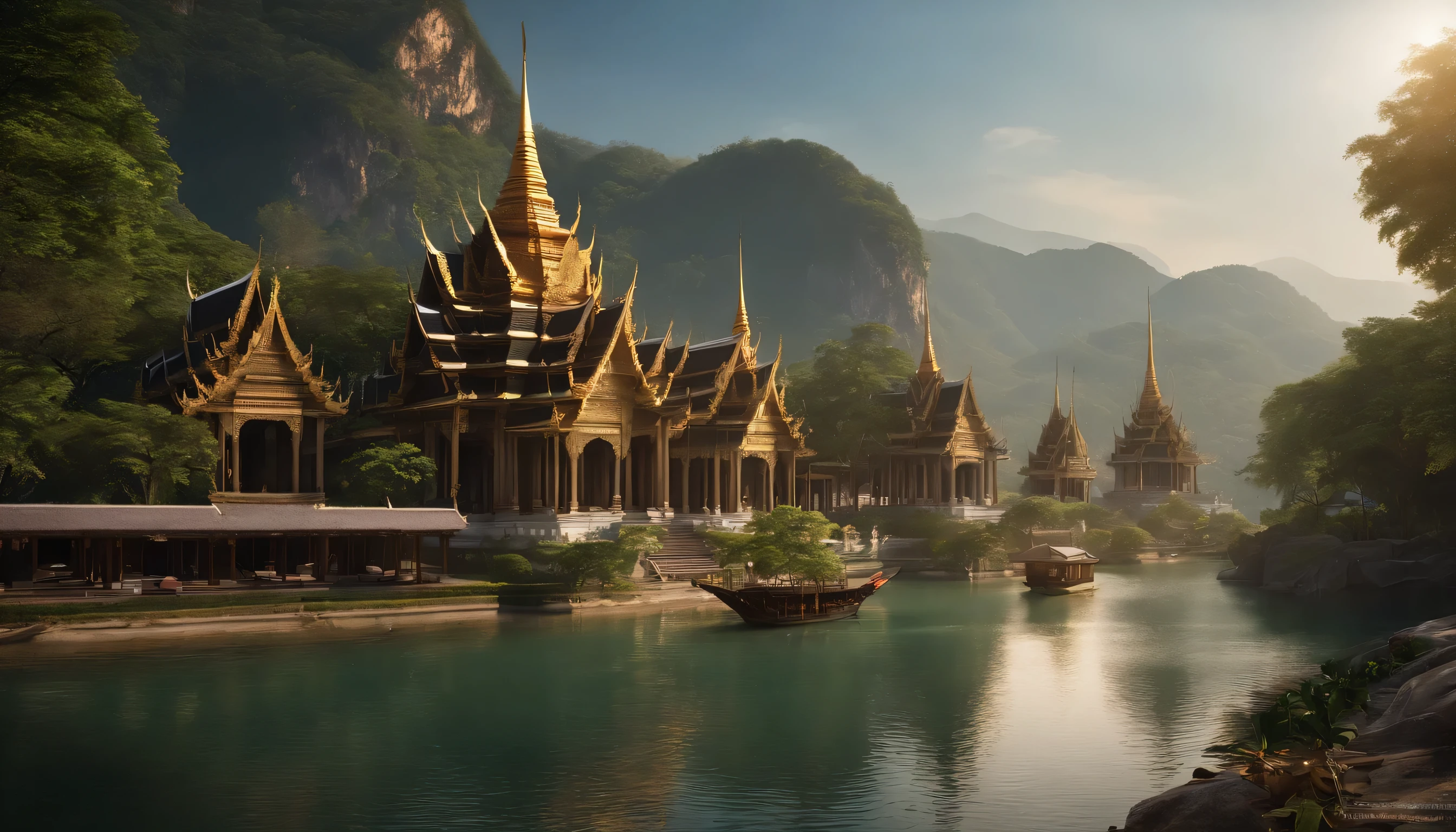 AI Command to Create Image 1: High-Angle Opening Scene of the Kingdom of Wareewang in Thai StyleDraw an ancient city "Wareewang" from a high-angle perspective, set in a valley surrounded by high mountains. The city should be an island in the middle of a sacred river that flows around it. The buildings should be made of wood and stone, with traditional Thai-style tiered roofs. The main street should be paved with ancient stones and adorned with traditional Thai lanterns hanging along the street.At the center of the city, draw a majestic palace situated on the island, designed with an elegant structure and multiple-tiered gabled roofs. The palace should be beautifully decorated with diamonds, gems, and golden ornaments, reflecting the richness and splendor of Thai culture. Connect the palace to the grand entrance by a bridge.Surround the island city with the sacred river, with clear water reflecting the moonlight and several traditional Thai stone bridges crossing it. Show lush green mountains and dense forests with tall trees around the river, where small and large wild animals roam. Draw the night sky filled with twinkling stars, with moonlight illuminating the entire city, creating a peaceful and warm atmosphere in traditional Thai style unreal engine 5
