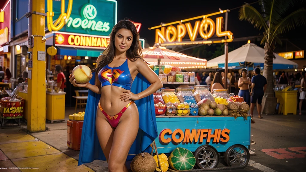 Realistic photography, clear picture, high resolution, full body photo, beautiful woman with a good figure, wearing a superhero costume, holding a colorful neon sign, the words "KW PANICH" selling coconuts.