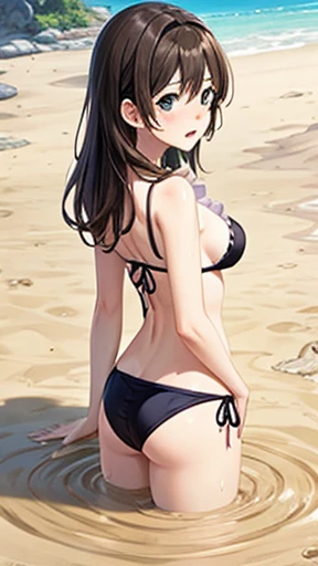 (masterpiece, Highest quality, Absurd, Game CG, figure), One girl, alone, mayu kuroe, Beautiful attention to detail, Are standing, Beach, Frilled bikini, Looking back at the audience, upset, Tears welled up in her eyes, (Partially submerged, Quicksand)