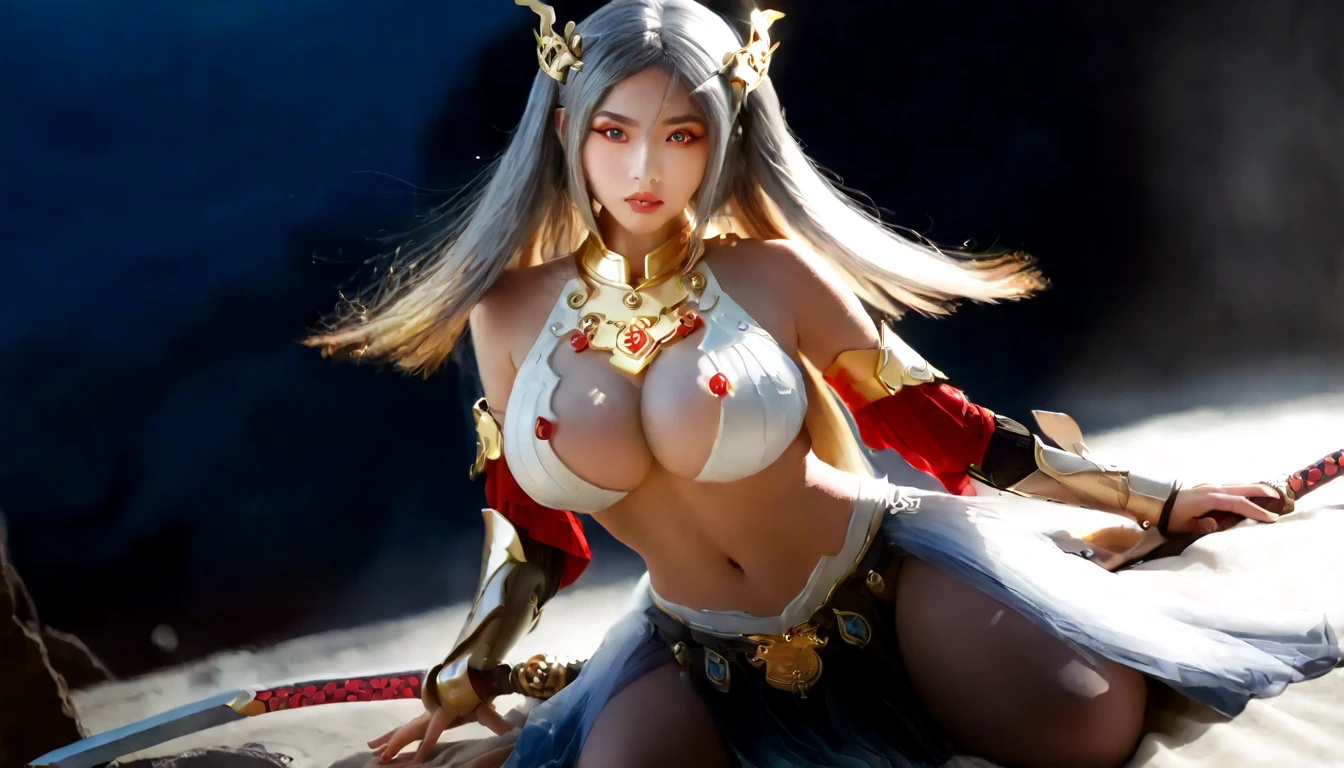 high quality,HD,16K,Sharp Line,1 Girl,fantasy, （Fire Spirits）,Pretty Face, Large Breasts, Beautiful legs,In the mountains,Focus Girl,detailed Pretty Face,Detailed clothes,beautiful eyes,Cool,Sexy,Dynamic Angle,穿着华服的神明Strike a pose拍照, Ancient mysterious sexy goddess, Traditional beauty woman, Beautiful female warrior god of war , Beautiful sexy goddess, Gorgeous role-playing, high, Beautiful young girl, Beautiful woman, 华丽Beautiful woman, Complex clothing,Chinese Mystical Aesthetics, Beautiful Asian ancient mysterious girl, Extremely detailed shot of the goddess, Jaw-dropping sexy beauty, Big breasts deep neckline sexy belly button（butt), (bedroom), (Sexy Girls), masterpiece, best quality, Bangs, blush, Chest, clavicle, Eyebrows visible through hair, (Gradient red and gold hair), Jewelry, Long hair,Bright Eyes, ring, (solitary), illustration, fashionable, miss, Strike a pose, background, element, confident, Express, Accessories, majestic, striking, key point, Dynamic poses, ((plump)), (black))Woman in transparent dress,Viewer,(((Full breasts, Keeley University))),Slim waist,(Navel exposed,Bare waist), Long hair, extreme detailed details, 详细的fantasy艺术, Stunning character art, Beautiful and exquisite character art, Beautiful transparent dress, Very detailed, Large Breasts，Chest，Golden ratio figure，Beautiful figure，Ultra wide-angle shooting，Full body shot拍摄，Body close-up，Full body shot，Wearing a pleated tulle skirt，柔和动漫illustration, 柔和的深色background，Fujifilm XT3 Clear focus, f 5.6, High Detail, Clear focus,(Wearing openwork clothing),, (Natural light), (Tempting)translucent, Good velvet quality, Compared, Divine Light,, Silver hair, 天空background, Absolute Strength,Female Shinmei，穿着性感丝绸的Female Shinmei,，Large Breasts，Chest，Golden ratio figure，Beautiful figure，Ultra wide-angle shooting，Full body shot，Body close-up，Full body shot， Wearing a tulle dress, Model shooting style, Large Breasts，饱满Chest，Golden ratio figure，Beautiful figure，(Extremely detailed CG 8k wallpaper unit), The most beautiful artistic photos in the world, , 8K 超HD, ) on the beach，Sexy lazy posture，Sexy seductive expression，best quality,masterpiece,Ultra-high resolution,(Practical:1.4),original photo,Ultra-high resolution