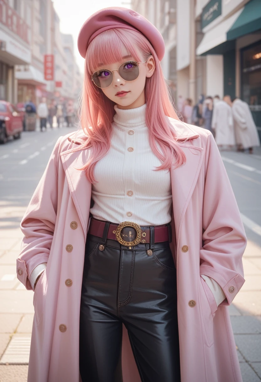 4K, Practical, High Detail, Super Eyes Detail, Fashion, Pink trench coat, French beret, Black pants with belt, Long hair, in the city, Pink Hair, Purple Eyes, Yae Yoshiko, Wearing trendy sunglasses,