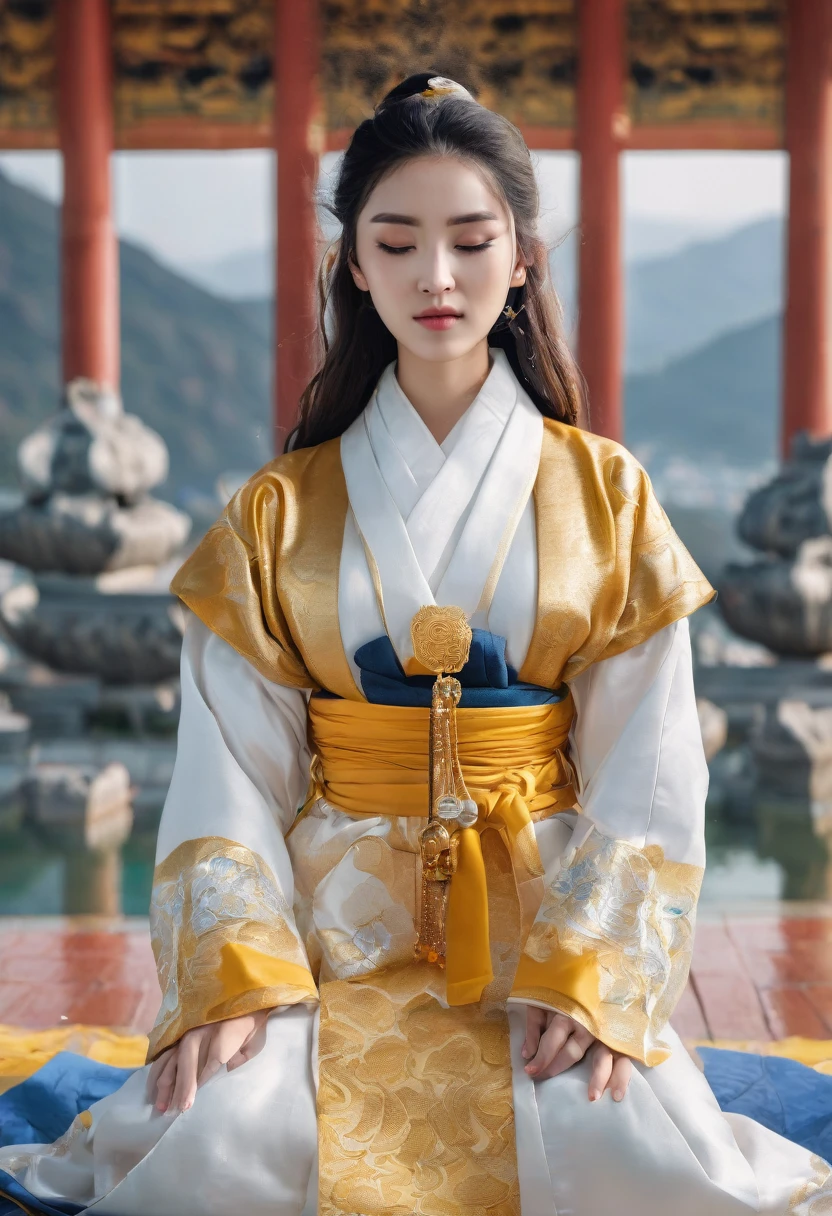 A Korean girl sitting in lotus position,white clothes, yellow robe, gold jewelry, closed eyes, mountain, fountain, blue shade lightning.