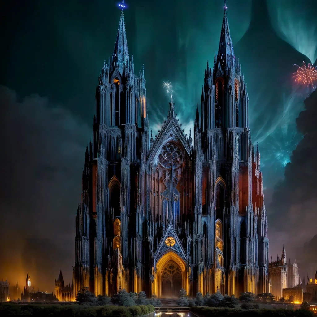 arafed gothic cathedral with a fountain and fireworks in the sky, gothic cathedral, inspiring gothic architecture, cyberpunk cathedral, cathedral!!!!!, dark gothic cathedral, gothic-futurist architecture, epic castle with tall spires, scary gothic architecture, cathedral, interplanetary cathedral, cyberpunk church, majestic spires, cathedral of sun, lothlorien at night, photographic isometric cathedral