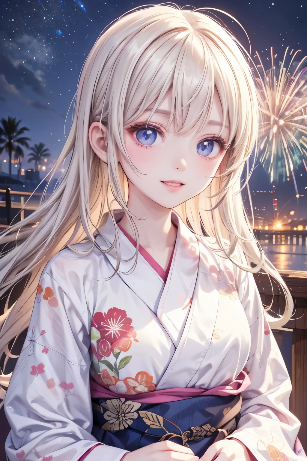 masterpiece,Highest quality,Very detailed,beautiful girl,Beautifully patterned yukata,Vision, teenager,Perfect Face,Beautiful and detailed eyes,Beautiful Skin,skinny,Dynamic,Night Sky,firework,smile