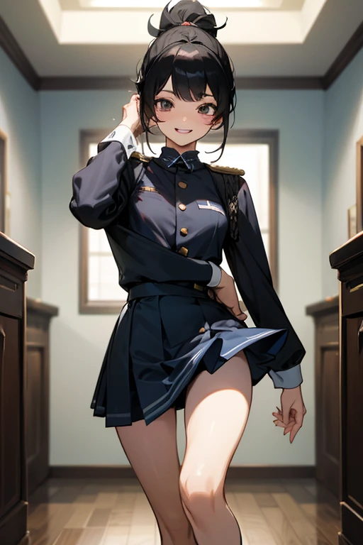 (Highest Resolution, clear_image) Highest quality, single, One Woman, alone, masterpiece, Very detailed, Semi-realistic, Black Hairのショートヘア, Black Hair, bangs, 18-year-old, mature, light blue uniform, uniform, Indoor Background, kind, Authoritative, Powerful, exquisite features, exquisite features、Eyelashes become longer、Showing teeth、smile😀、Maid clothes、ponytail、((mini skirt)).