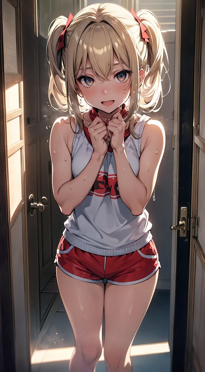 top-quality、supreme1People Girls,hightquality,A detailed face、A detailed eye、Detailed nose、Detailed mouth、 Beautiful expression, ((masuter piece)), ((High resolution)), ((Best Quality)), detail, (NSFW:1.4 ,cum faced、Excited face.Very happy,), ((Skin shiny with sweat)), (Tank Tops、hotpants)、 girl with, a blond, (Half Twin Tail)、Standing figure、fair white skin:1.3、、Smaller chest, cinmatic lighting, perfectly shaded,(((Entrance to the house))), Realistic lighting with shades,Reflecting the whole body