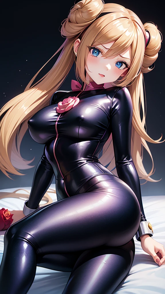 Erotic,Pokemon、May「rose」、Long Twin Tail Drill Volumie、Big Breasts,Purple catsuit,Female Spy、Black Background、Dimly lit bedroom , Evil、 Erotic Sneer、Lightly open your mouth、ジトeye