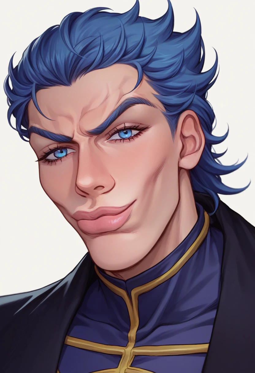 score_9, score_8_up, score_7_up, source_anime, SkylerWhiteYo, closed mouth, smile, black coat, blue hair, blue eyes, JoJo, JoJo style, JoJo's Bizarre adventure