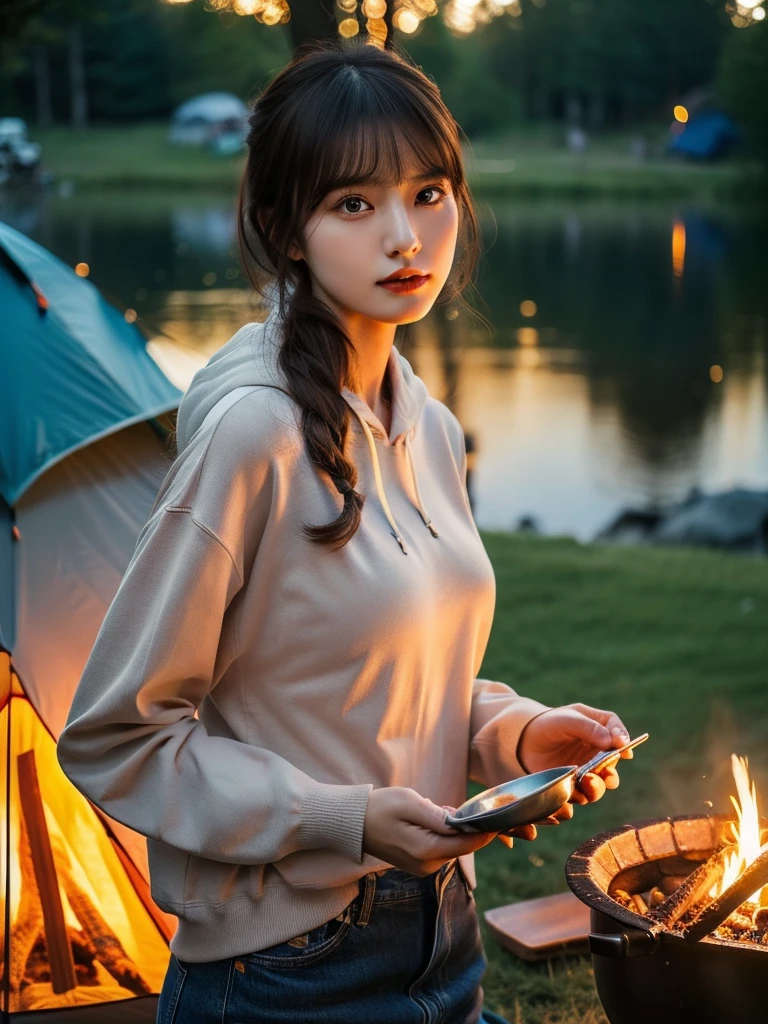 (realisitic、Photorealsitic:1.37)、(8K、Raw photography、top-quality、masterpiece:1.2)、Very cute woman、ultra-detailliert、Heart-shaped pupil、physically-based renderingt、超A high resolution、Kodak Vision Color、Captured with an Arricam LT camera、bokeh dof、foco nítido、(((Correct anatomy:1.2)))、{{{solo}}}, camping, bonfire, one can see one's breath, sit on a low stump, down jacket, turtleneck, chino pants, brown hair, medium hair, tent, hang a lantern, Lakeside at night, (night:1.2),