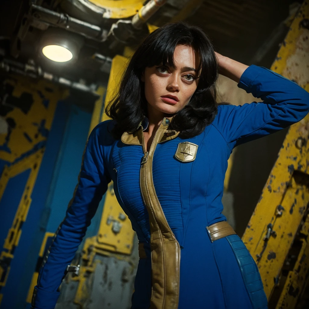 (One person). Fallout TV series. Inside a dimly lit large room in a post-apocalyptic (casino) in Las Vegas. Vaultsuit Lucy, an 18-year-old vault dweller wearing a blue and gold vaultsuit, her black hair disheveled, clutching a large gun in a dimly lit, post-apocalyptic casino. Cinematic. realistic colors, realistic, photorealistic