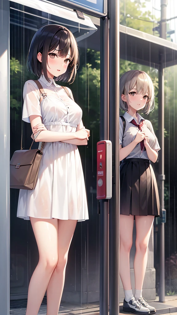 high resolution,high quality,2People Girls,blush,White dress,Black Hair,Brown eyes,Short Hair,Small breasts,bra,See-through,Small breasts,whole body,bus stop,heavy rain,Wet,Are standing,