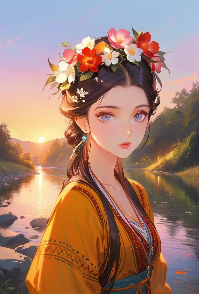 20-year-old woman in Ukrainian clothing,Wearing a flower crown on his head,blue eyes,Background with river and blue sky,Light afternoon sunset,Realistic illustrations