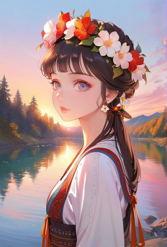 20-year-old woman in Ukrainian clothing,Wearing a flower crown on his head,blue eyes,Background with river and blue sky,Light afternoon sunset,Realistic illustrations