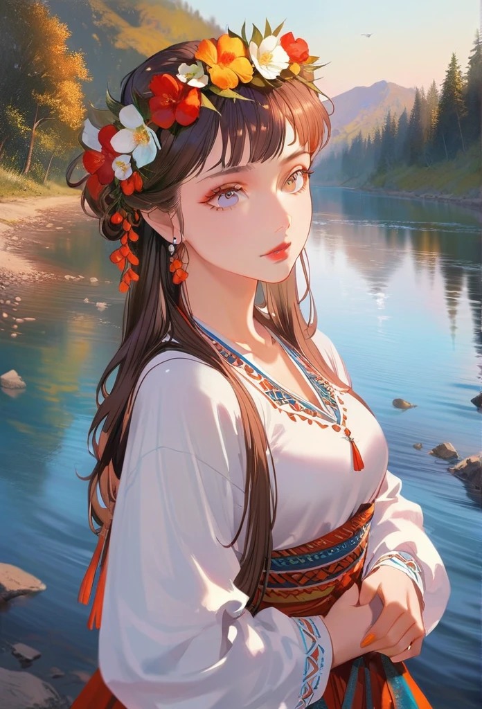 20-year-old woman in Ukrainian clothing，Wearing a flower crown on his head，blue eyes，Background with river and blue sky，Light afternoon sunset，Realistic illustrations