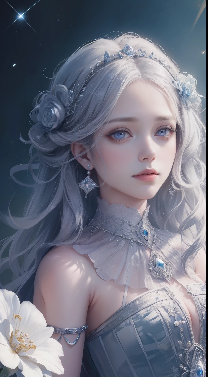 A beautiful royal princess portrait, highly detailed curly braided hair, shimmering clear eyes, hair adorned with exquisite floral artistry, crystal and diamond jewelry, hyper detailed, masterpiece, 4k, high resolution, soft lighting,16 year old.