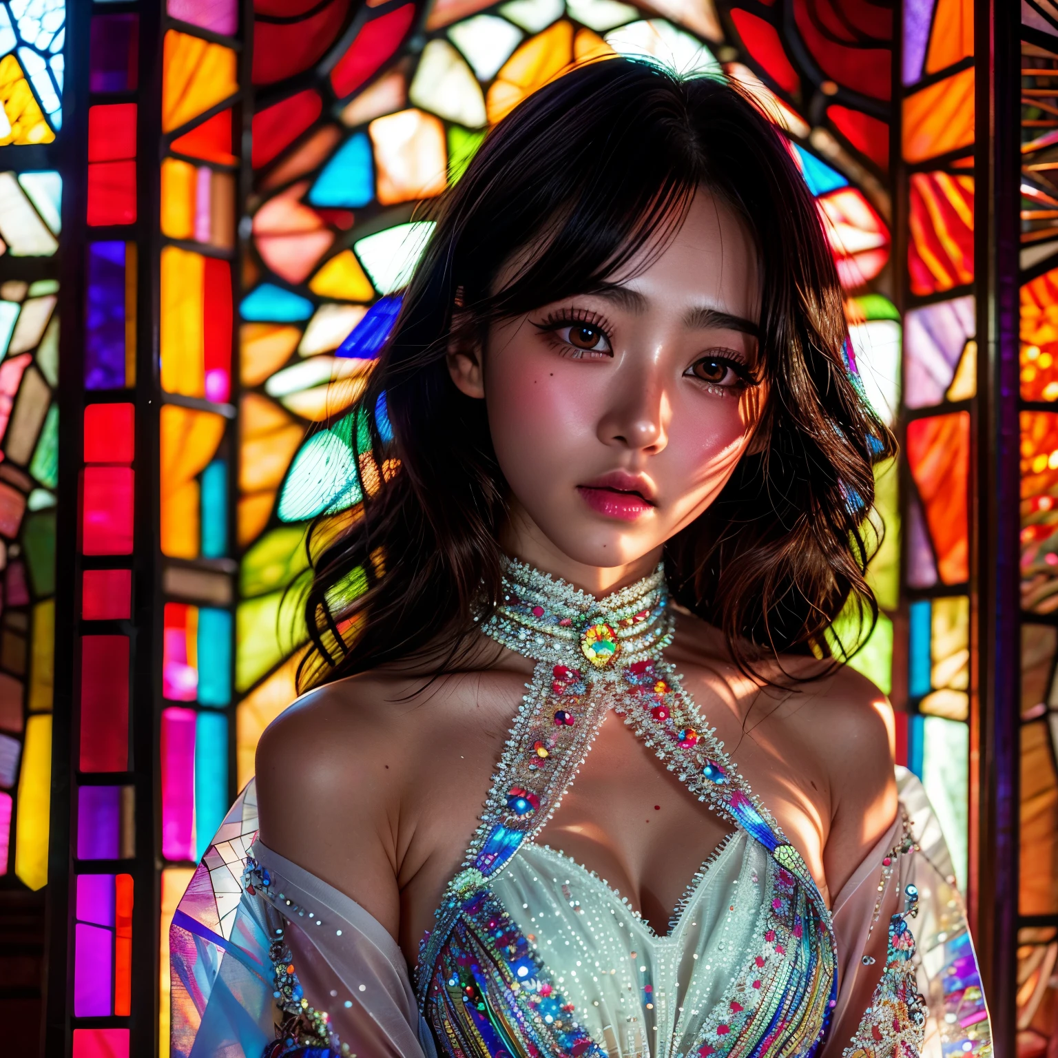 SFW 14yo, concept art, (PICHIPICHI KAWAII junior idol), (Detailed Delicate lace knitted white clothes), (nipple:-0.9), face closeup, (Elaborate stained glass Background:1.37), (((Renbutsu Misako), colorful Light shines through delicate stained glass:1.2, vivid red colors, Luminous Particles, light Particles))(Acutance:0.8). (ProfessionalPhoto:1.2),(ultra-detailed:1.37), (Extremely detailed KAWAII face variations, innocent expression variations), rosy cheeks, intricate detailed eyes with sparkling highlights, long eyelashes with volume, subtle blush on the face. Mystic sight, haze, Impeccable Radiant PearlSkin with Transparency, captivating gaze, ((Dynamic-angle)), whole Body proportions and all limbs are anatomically accurate . (Exposed:0.64)