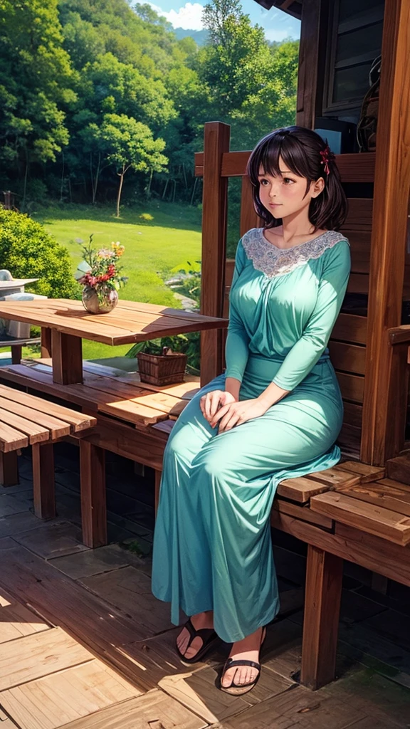 A couple is sitting outside a hut on a hill above the forest. The couple is wearing short clothes. The girl has big hips and it is evening.