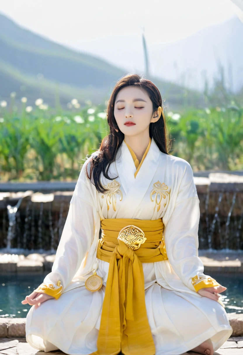 A Korean girl sitting in lotus position,white clothes, yellow robe, gold jewelry, closed eyes, mountain, fountain, blue shade lightning.