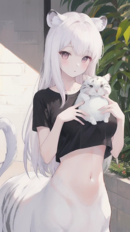 (best quality, masterpiece), 1 girl, centaur, It takes, White skin, korean ,daughter, black pink , abdominal exposure, belly t shirt , 아름다운 소녀 perfect white tiger photo, perfect white tiger photo