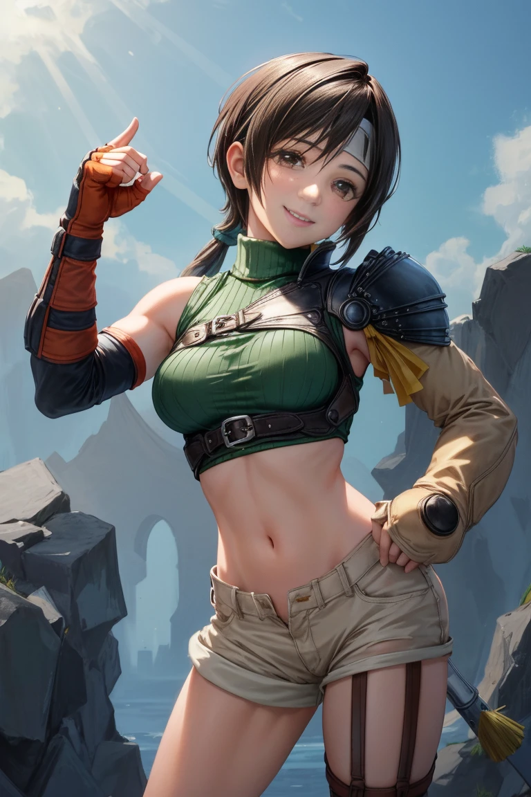 masterpiece, Highest quality, Yuffie Fool, head band, Sleeveless turtleneck, Shoulder Armor, Arm guard, Fingerless gloves, Tan shorts, Single knee socks, Fishnet tights, Cowboy Shot, smile, Clenched fist,（Huge breasts:4.0）、