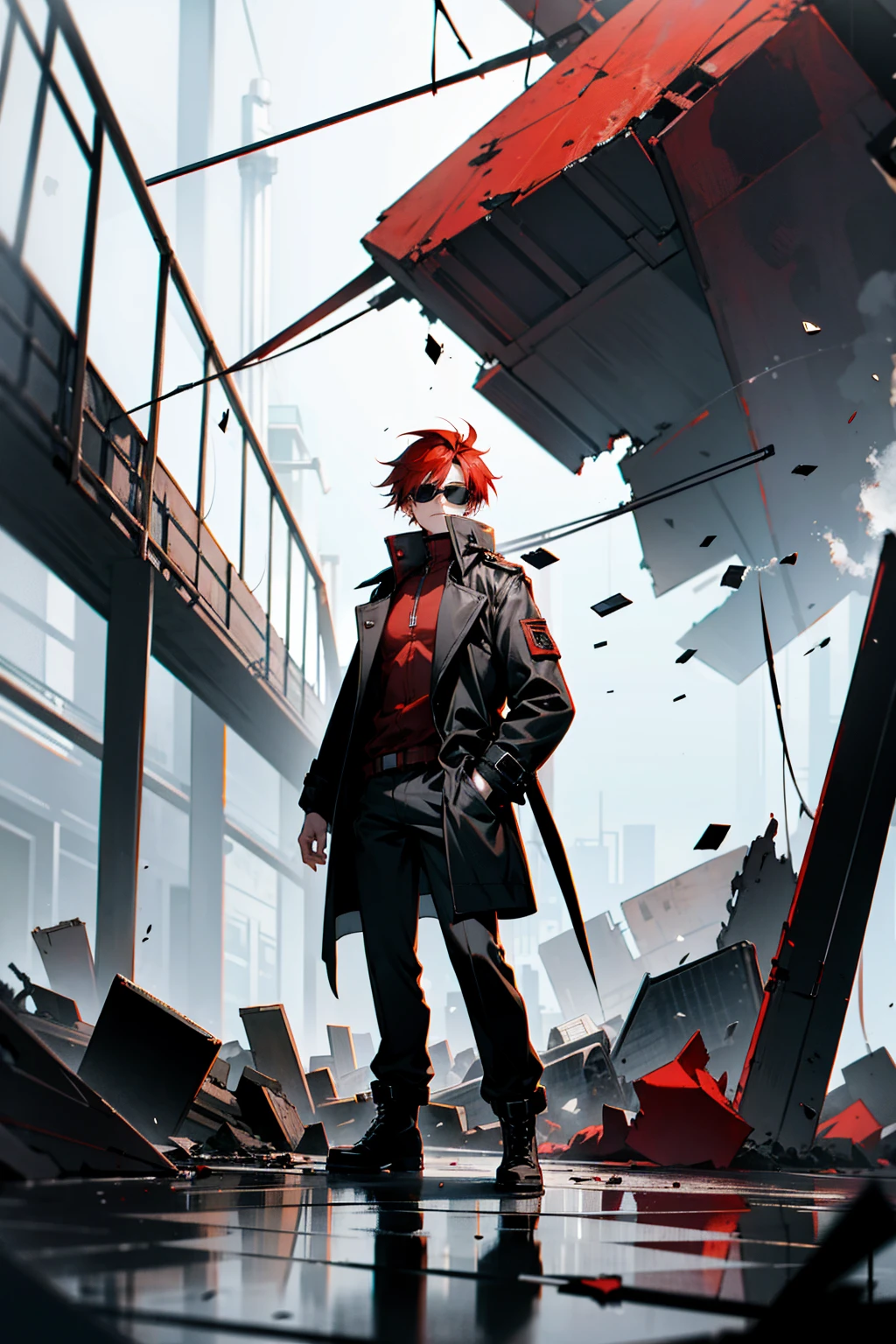 1male, red hair, black aviators, black trench coat, baggy cargo pants, combat boots, standing in an abandoned warehouse with scattered debris