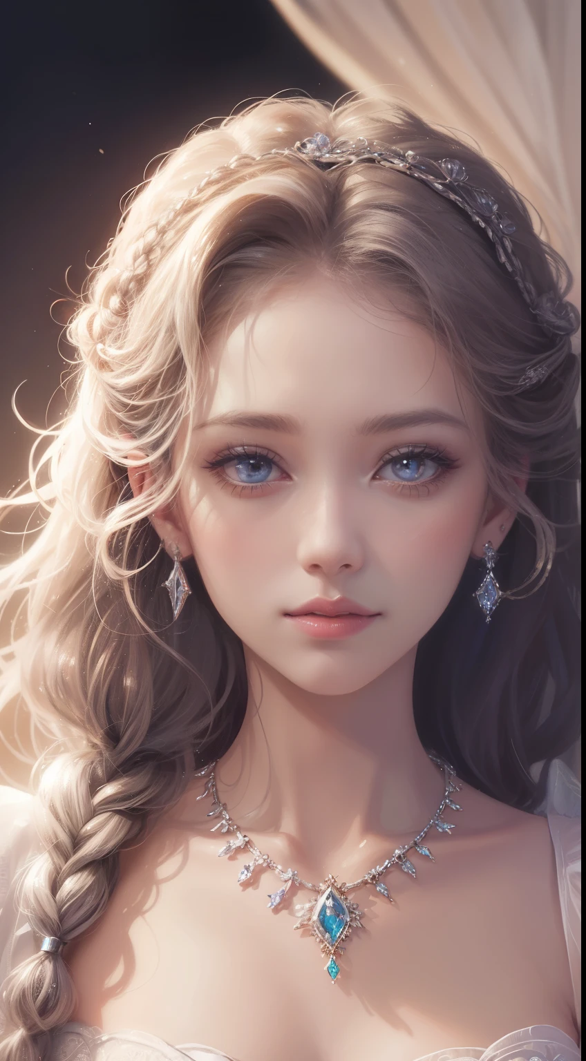 A beautiful royal princess portrait, highly detailed curly braided hair, shimmering clear eyes, hair adorned with exquisite floral artistry, crystal and diamond jewelry, hyper detailed, masterpiece, 4k, high resolution, soft lighting,.
