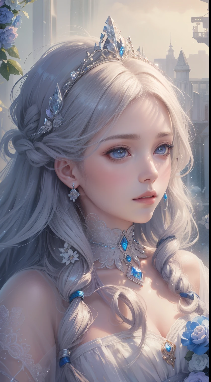 A beautiful royal princess portrait, highly detailed curly braided hair, shimmering clear eyes, hair adorned with exquisite floral artistry, crystal and diamond jewelry, hyper detailed, masterpiece, 4k, high resolution, soft lighting,16 year old.